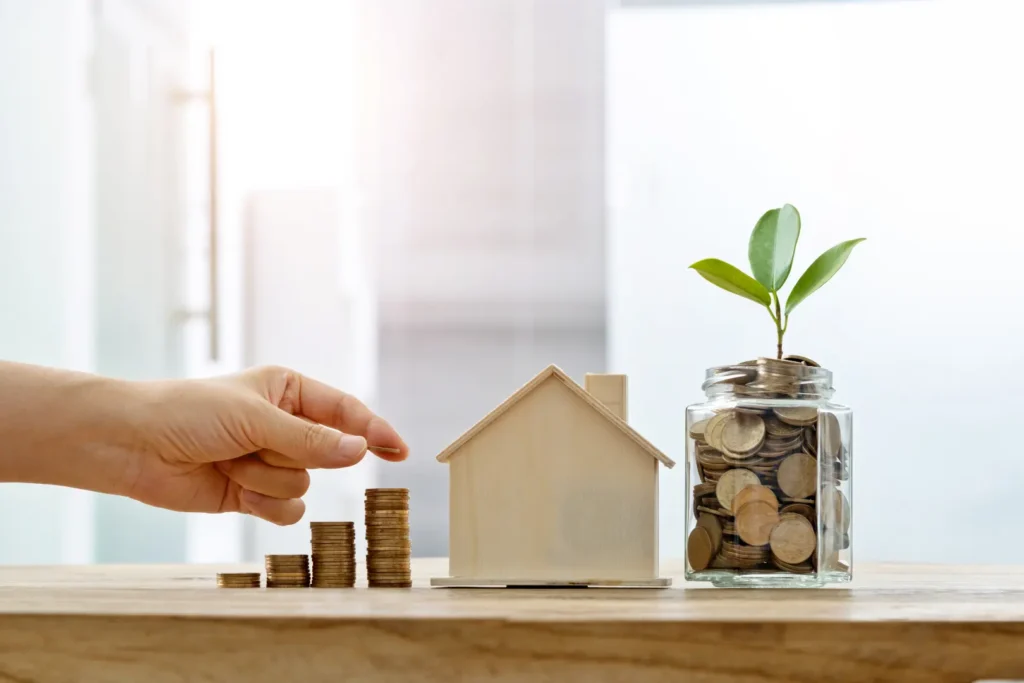 Maison miniature posée près d’une plante et d’un bocal de pièces, symbole d’économie d’énergie et d’investissement écologique