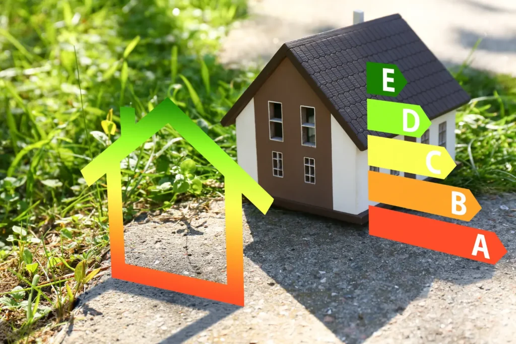 Représentation d’un DPE avec étiquette énergie sur maison miniature, illustrant l’impact d’une rénovation globale