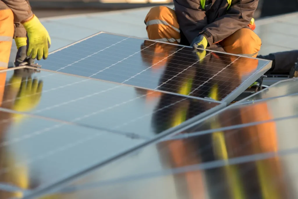 Installation de panneaux photovoltaïques sur une toiture pour une production d'énergie solaire durable et une meilleure efficacité énergétique.