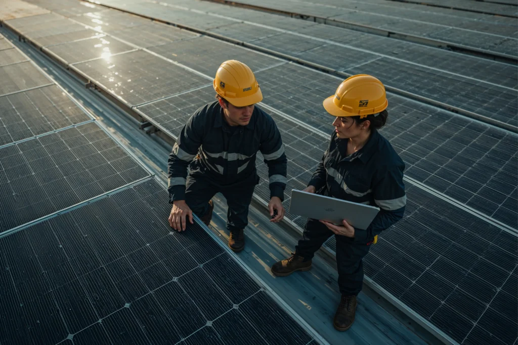 Techniciens sur un toit devant des panneaux solaires entrain de faire une étude de prix d'une installation photovoltaïque