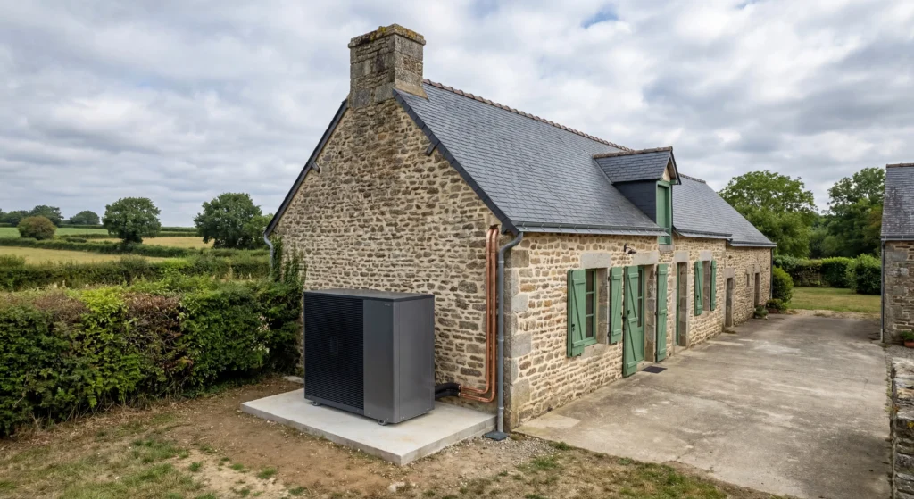 Pompe à chaleur air/eau en deux-sèvres installée longère traditionnelle Deux-Sèvres bocage pierre grise chauffage central Niort