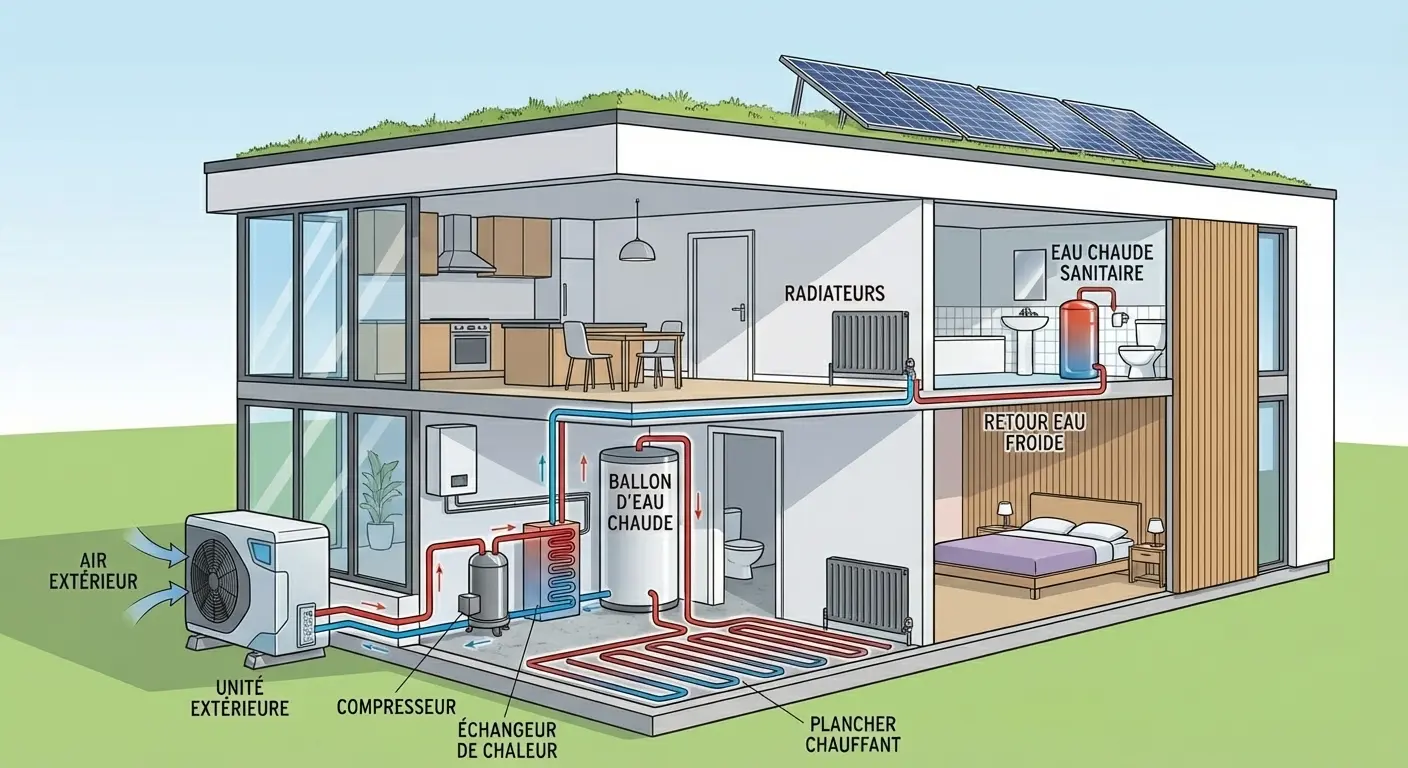 Schéma fonctionnement pompe à chaleur air/eau circuit chauffage eau chaude sanitaire COP 5.5