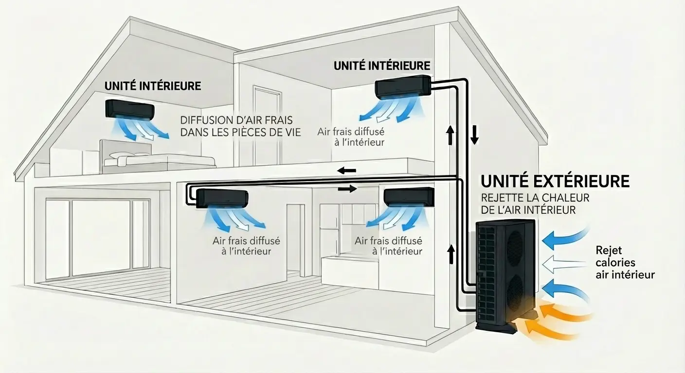 Schéma fonctionnement pompe à chaleur air air optimisé climat charentais océanique