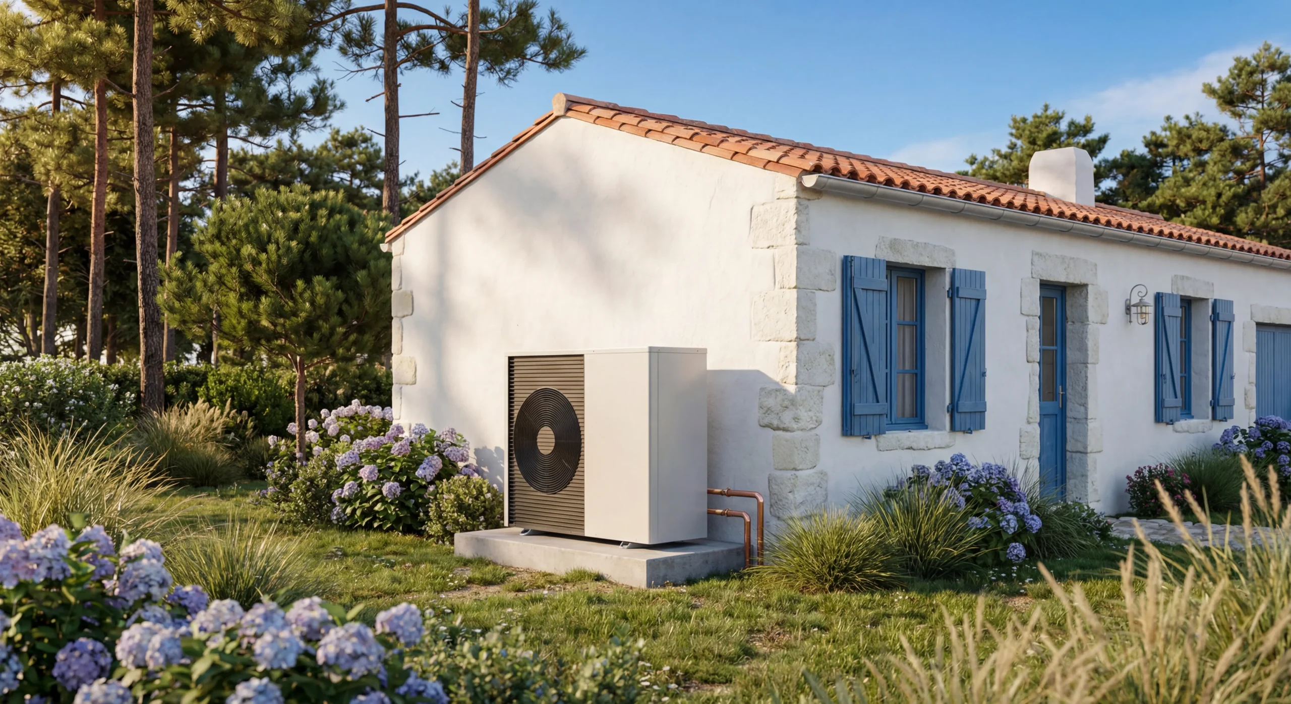 Pompe à chaleur air/eau en Vendée installée maison vendéenne traditionnelle pierre blanche Les Sables d'Olonne chauffage central