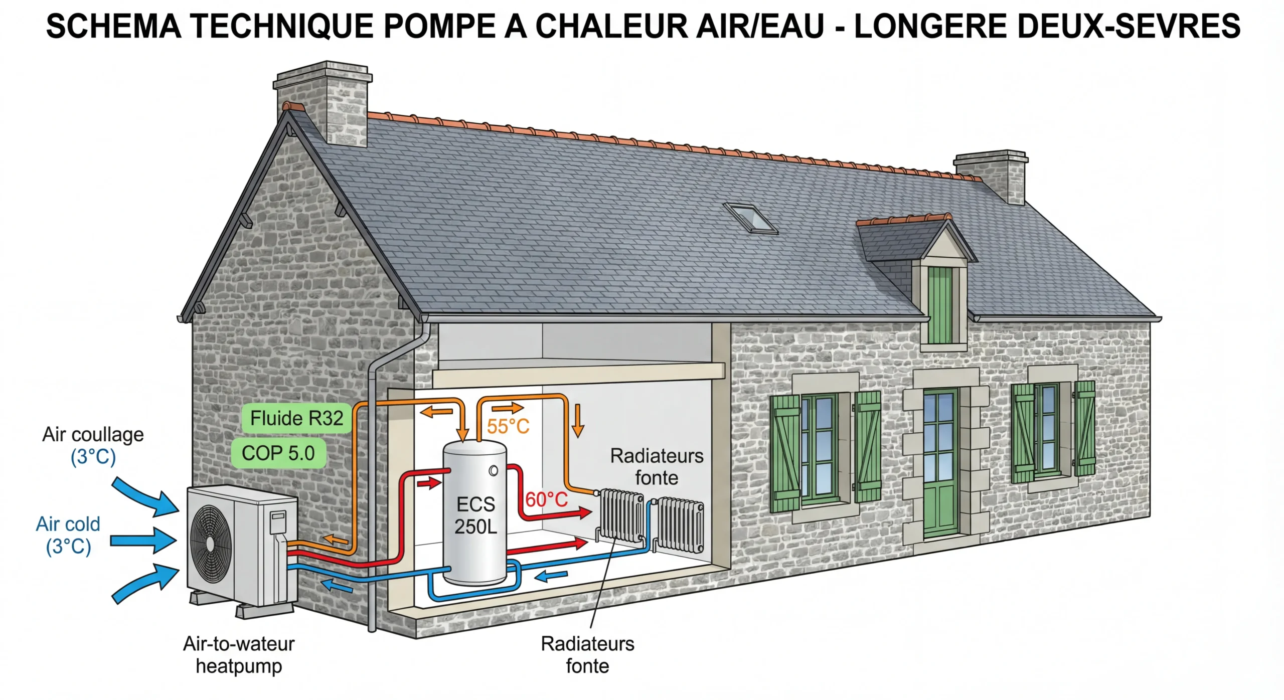 Schéma fonctionnement pompe à chaleur air/eau en Deux-Sèvres chauffage central radiateurs fonte eau chaude sanitaire COP 5.0