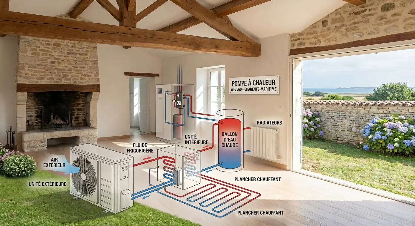 Schéma fonctionnement pompe à chaleur air/eau en charente-maritime optimisé climat océanique charentais chauffage central