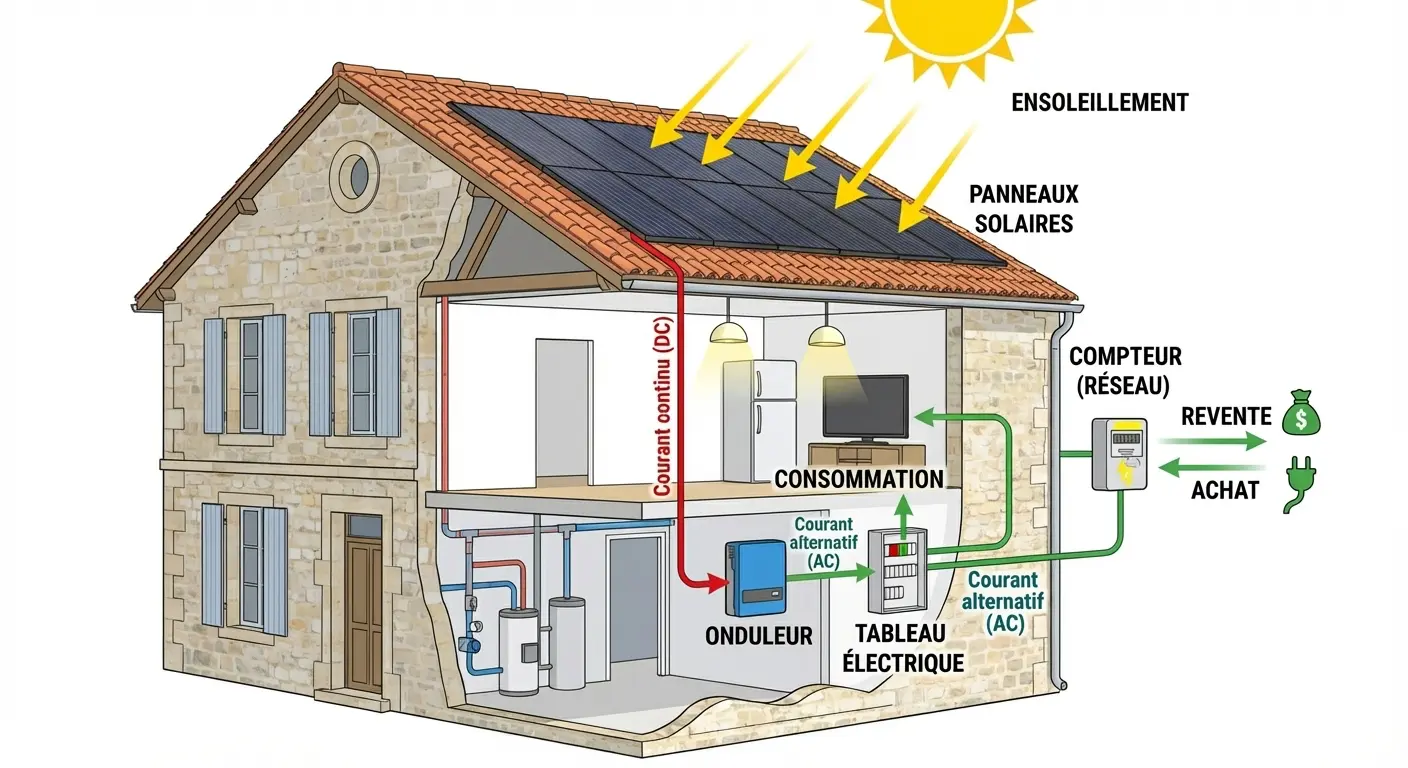 Schéma fonctionnement panneaux solaires en Charente-Maritime autoconsommation avec onduleur