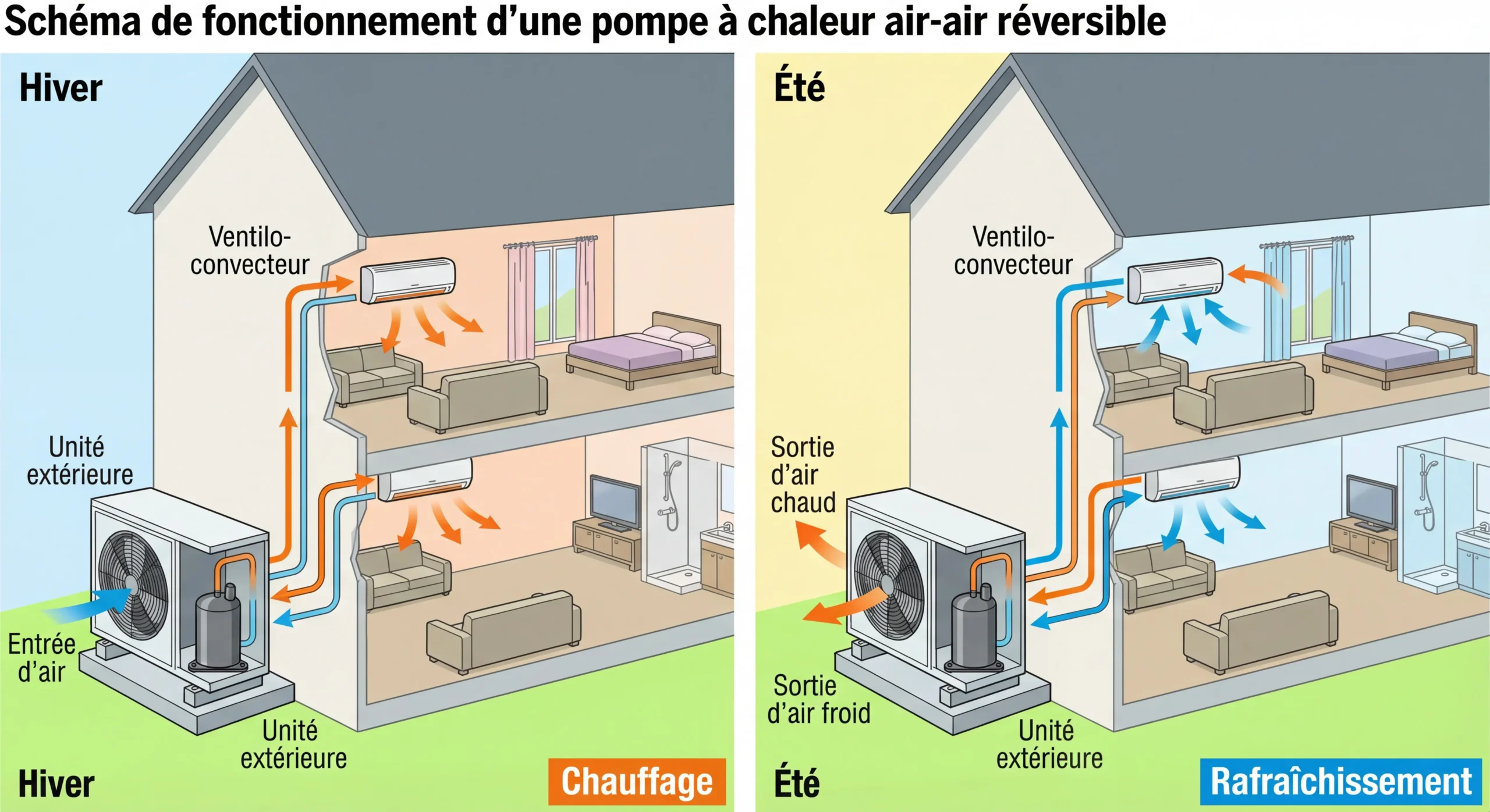 Schéma fonctionnement pompe à chaleur air/air en vendée optimisée climat atlantique vendéen rendement optimal