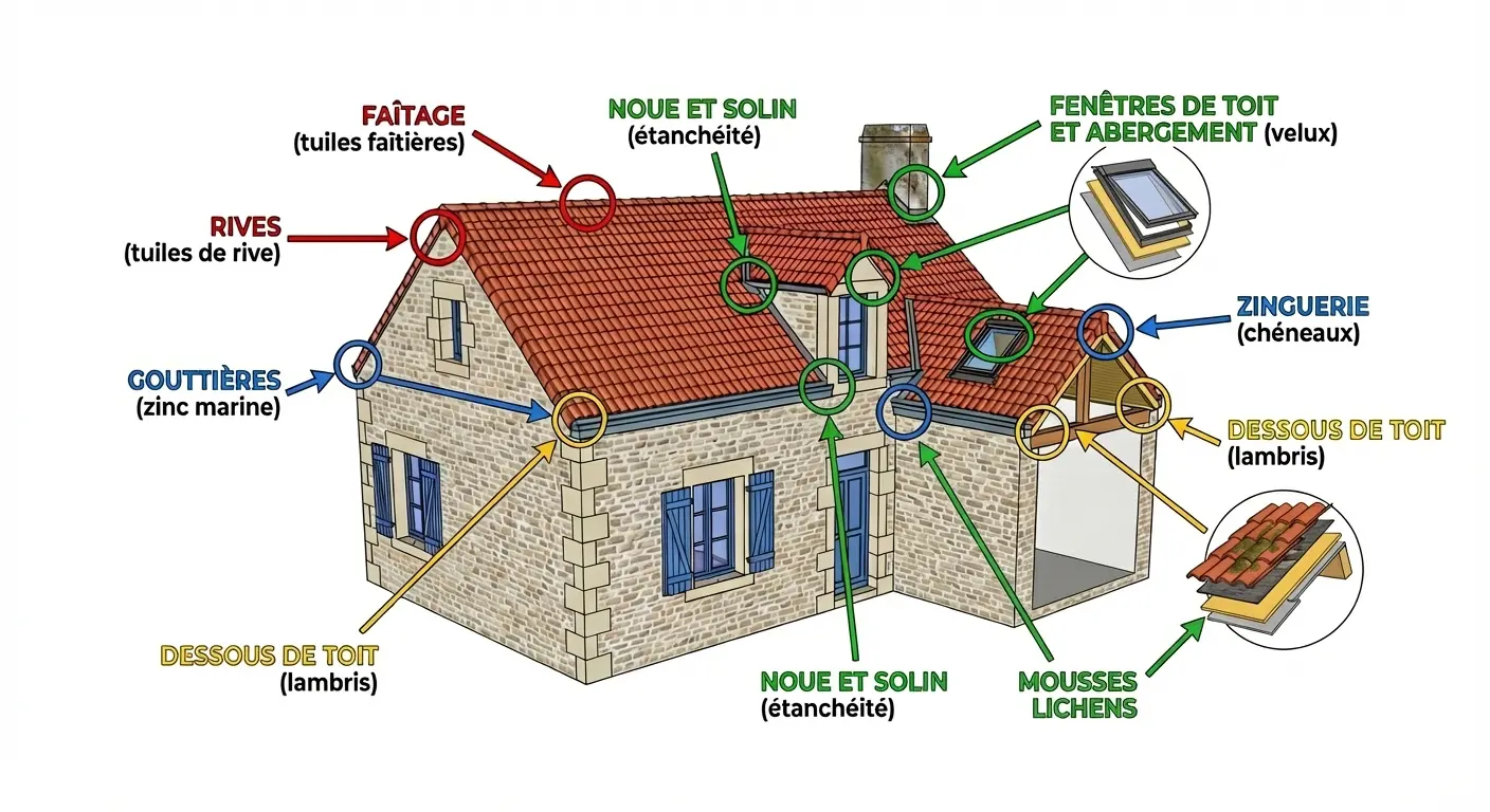 Schéma travaux toiture maison couverture zinguerie en vendée et deux-sèvres faîtage rives gouttières étanchéité